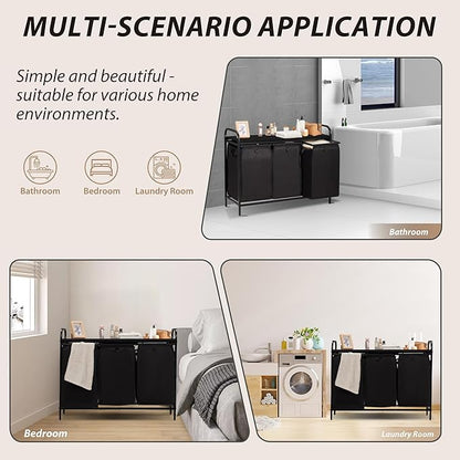 3 Section Laundry Hamper with Shelf, Laundry Basket Organizer with 3 Pull-Out Removable Bags 3×12.3Gal(46.6L), Laundry Sorter for Clothes Organization in Bedroom, Laundry Room, Black