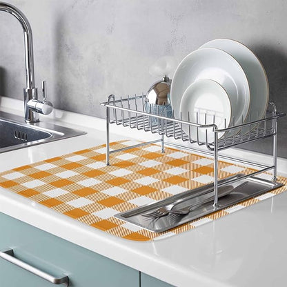 Dish Drying Mat Orange Buffalo Check Plaid Drying Mats for Kitchen Counter Farmhouse Style Absorbent Microfiber Dish Drainer Quick Drying Coffee Mat with Hanging Loop, 16 x18 inch
