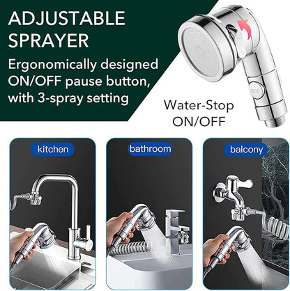 Sink Handheld Shower Kit with 9.8ft Telescopic Hose, Kitchen Bathroom Faucet Sprayer Attachment with 3 Adapters M22 M24 G1/2, for Hair Washing, Baby Shower, Pet Shower (Faucet Not Included)