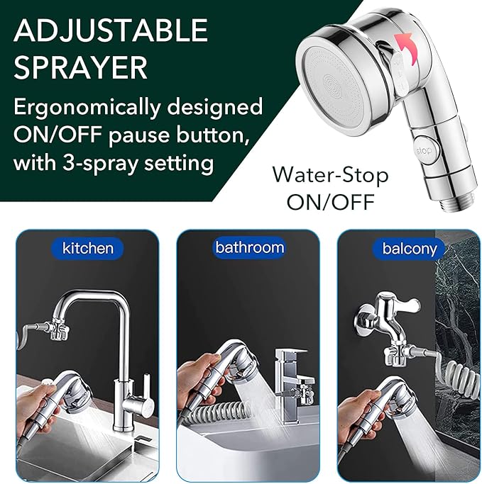 Sink Faucet Sprayer Attachment Set, Kitchen Bathroom Pet Bathing Shower Head with 9.8ft Hose and G1/2, 55/64", 15/16" Faucet Adapters, Hair Washing, Dog Shower and More