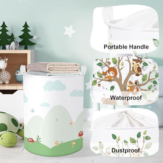 Forest Animals Laundry Hamper Woodland Tree Large Storage Basket Parents Organizer Kids Clothes Toy Bins for Bedroom, Bathroom, Squirrel, 63L