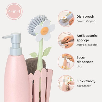Vigar Florganic Kitchen Soap Dispenser Set, Dish Soap Dispenser with Sponge Caddy and Dish Brush, Daisy-Themed, Perfect Kitchen Sink Caddy, Pink