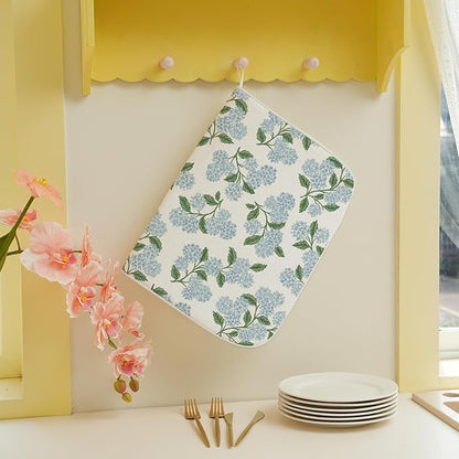 Blue Green Dish Drying Mat 18x24 Inch Vintage Floral Hydrangea Flower Drying Mat Spring Summer Absorbent Dish Drying Pad Dish Rack Drainer Mats for Kitchen Dining Counter