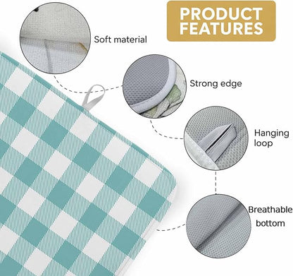 Dish Drying Mat Teal Green White Check Plaid Drying Mats for Kitchen Counter Farmhouse Style Absorbent Microfiber Dish Drainer Quick Drying Coffee Mat with Hanging Loop, 18 x24 inch