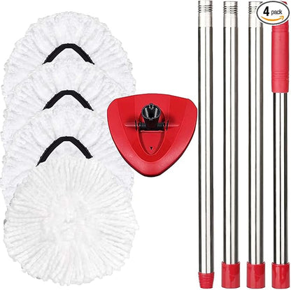 Spin Mop Replacement Set - 4 Microfiber Heads, Base, 30-58'' Handle Compatible with OCedar EasyWring - White (1 Can System)