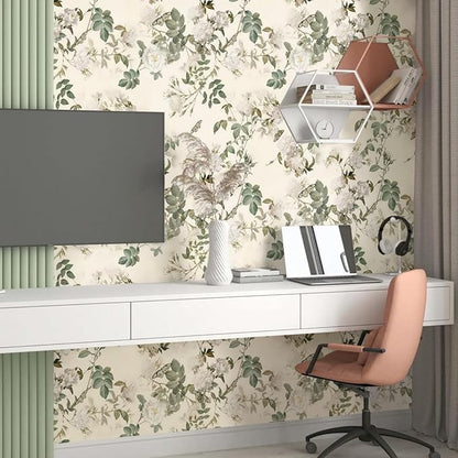 Wudnaye Vintage Floral Peel and Stick Wallpaper Beige Flower Contact Paper16.9’’×393’’Green Leaf Self Adhesive Removable Wallpaper Floral Rose Wall Paper Waterproof for Bathroom Bedroom Cabinets Decor
