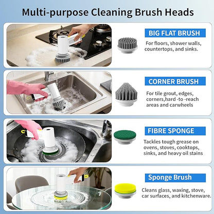 3000mAh Cordless Electric Spin Scrubber, 20W High-Torque IPX7 Waterproof Cleaning Brush with 6 Replaceable Heads, Dual Speed 150-180 Mins Runtime for Kitchen Bathroom Car