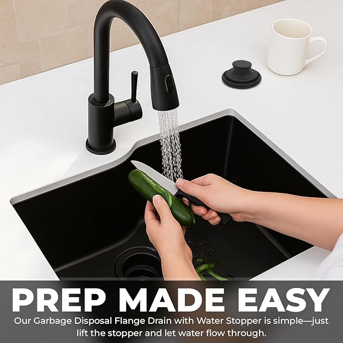 Garbage Disposal Flange Drain with Water Stopper- Universal Matte Black Stainless Steel Flange Fit 3-1/2 Inch Kitchen Sink Hole for Easy New Installation or as a Replacement Accessories Kit