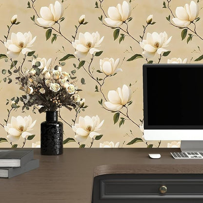 Floral Peel and Stick Wallpaper Vintage Khaki Contact Paper 17.5''x393'' Vinyl Waterproof Self Adhesive Removable Boho Modern Beige Leaf Wall Paper for Cabinets Bathroom Walls Bookcase Countertops