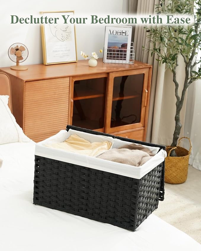 Storage Basket with Lid Rattan Woven Storage Baskets with 2 Separate Lids, 17.2 Gallon (65 L), Wicker Storage Bins Foldable, 2 Removable Liner Bags Handles for Bedroom, Laundry Room Black