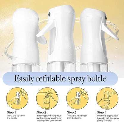 3Pack Continuous Spray Bottle 200ml, Ultra Fine Water Mister Refillable Empty Spray Bottle for Hair Styling, Salon, Skin Care, Cleaning & Plants (6.8oz Clear)