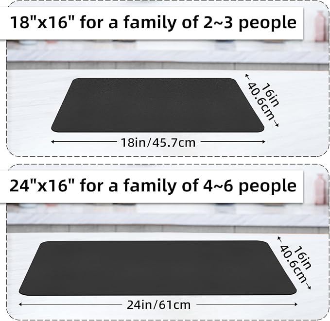 LOPNUR Kitchen Dish Drying Mat, 24"x16" Large Dish Drying Mats for Kitchen Counter, Diatomite Coffee Mat, Super Absorbent Dish Drying Pad, Heat Resistant Mat with Anti-slip Rubber Backed, Black