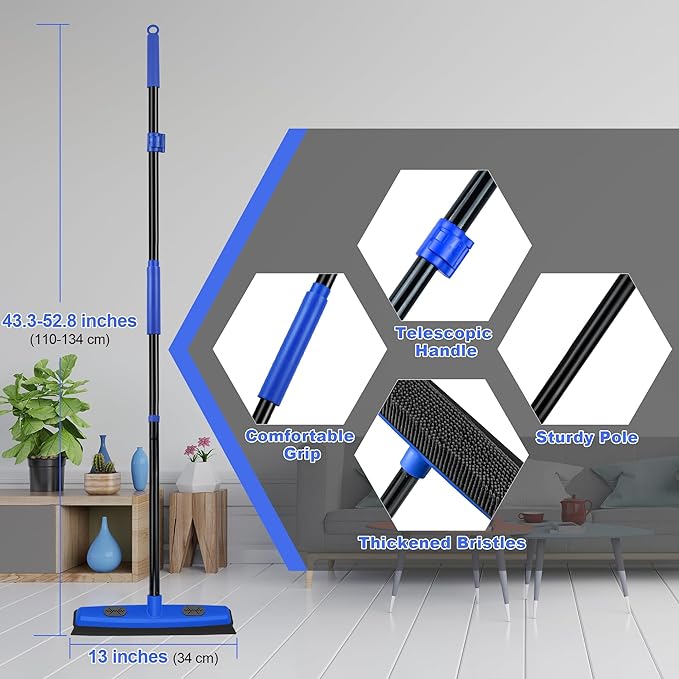 Rubber Broom Carpet Brush with Squeegee, Pet Hair Remover with 52.8 inches Long Handle, Detailing Lint Fur Removal Tool, Silicone Rug Rake for Cleaning Hardwood Floor, Tile, Window (Blue)