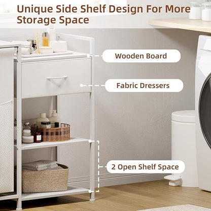 Somdot Laundry Hamper with Fabric Drawer and Shelves, Laundry Basket Sorter with 15.8 Gallons (60L) Pull-Out and Removable Bag, White Leather