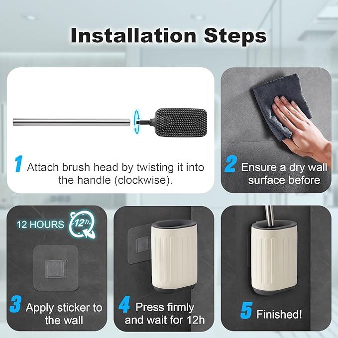 TrashAid Toilet Brush - 2 Pack Toilet Bowl Brush and Holder, Silicone Toilet Brush and Holder Set, Toilet Cleaner Brush with Silicone Bristles, Bathroom Accessories, rv, Wall Mounted, Cream White