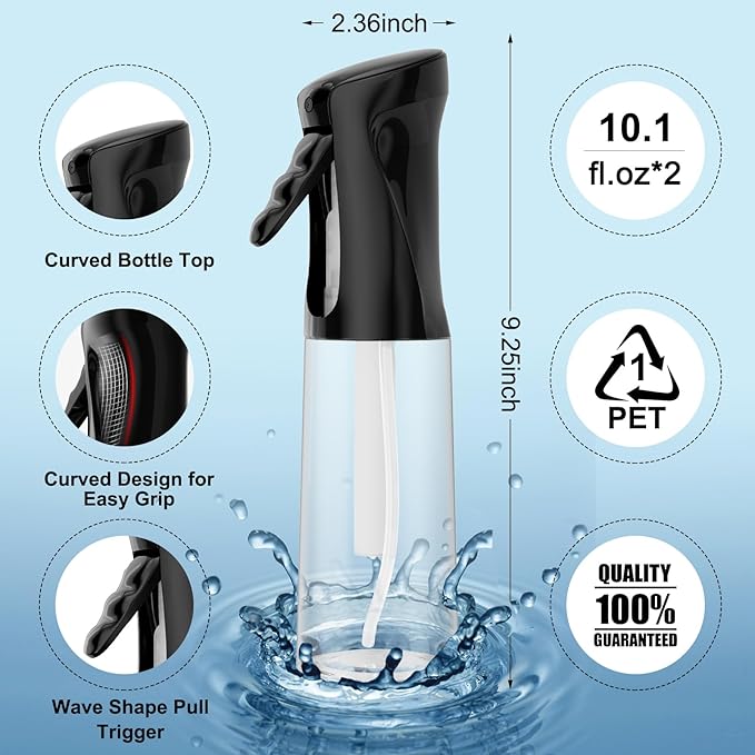 IMPORX Continuous Spray Bottle for Hair (10.1oz/300ml) 2 Pack Home Essentials Spray Bottles For Cleaning Empty Ultra Fine Water Mister Sprayer For Hairstyling Garden Plants Curly Hair Perfume Etc
