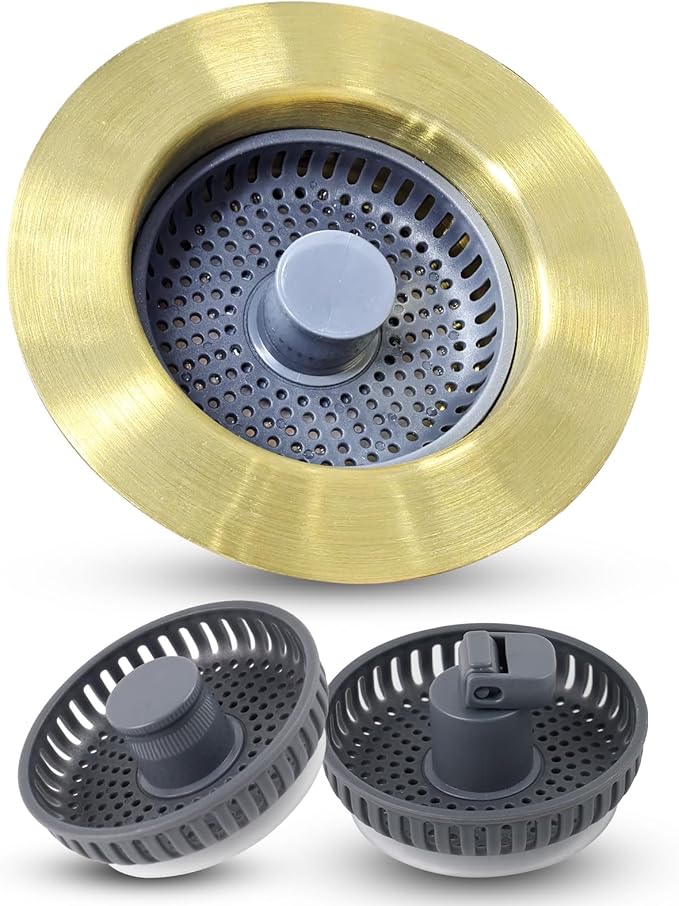 Hygie Rinse 3 in 1 Kitchen Sink Strainer, Pop Up Gold Sink Stopper Drainer with for US Standard 3-1/2 inch Drain Filter, Equiped with Additional 2pcs Strainers, Anti-Clog