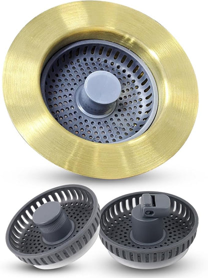 Hygie Rinse 3 in 1 Kitchen Sink Strainer, Pop Up Gold Sink Stopper Drainer with for US Standard 3-1/2 inch Drain Filter, Equiped with Additional 2pcs Strainers, Anti-Clog