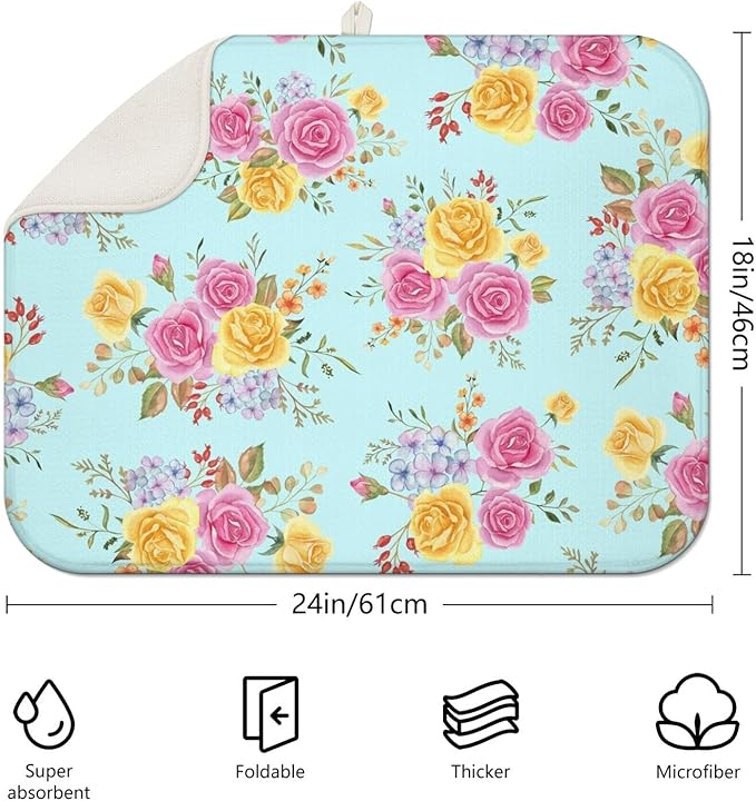 Dish Drying Mat Drainer Pads - Extra Large Microfiber Drying Mats for Dishes Kitchen Counter Super Absorbent Pads for Draining Racks (Floral,18"x24" )