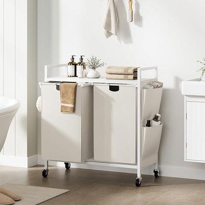 WOWLIVE Double Laundry Hamper with Lid,Rolling Laundry Basket Organizer with Wheels, Iron-Made Laundry Sorter with Top Shelf and 2 Removable Bags,Large Clothes Storage for Room,White
