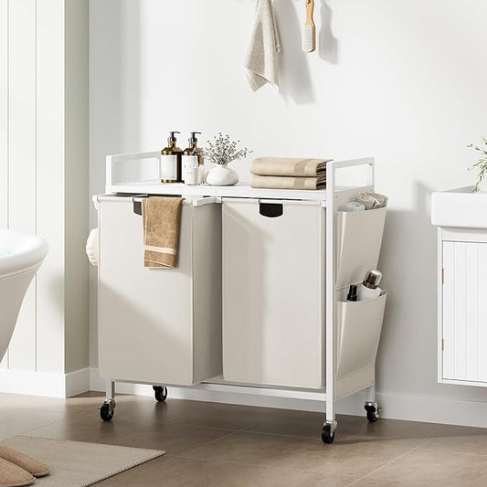 WOWLIVE Double Laundry Hamper with Lid,Rolling Laundry Basket Organizer with Wheels, Iron-Made Laundry Sorter with Top Shelf and 2 Removable Bags,Large Clothes Storage for Room,White
