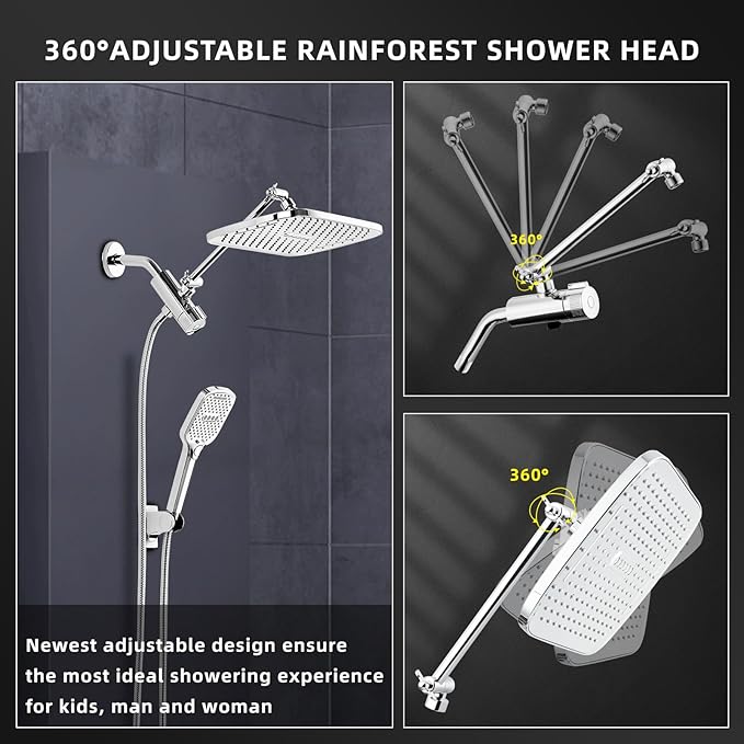 12" Rain Shower Head with Handheld Spray, Rainfall Shower Head with Handheld Combo, 11" Stainless Steel Extension Arm with Height & Angle Adjustable High Pressure Showerheads, Chrome