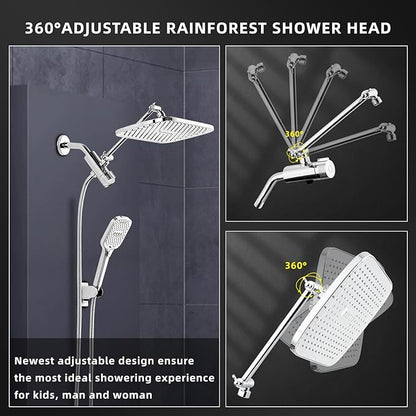 12" Rain Shower Head with Handheld Spray, Rainfall Shower Head with Handheld Combo, 11" Stainless Steel Extension Arm with Height & Angle Adjustable High Pressure Showerheads, Chrome