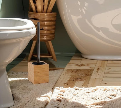 Toilet Bowl Brush Holder with Bamboo and Stainless Steel for Durable Use, Toilet Scrubber Brush with Long Handle for Easy Deep Cleaning, Compact Hidden Bathroom Toilet Cleaner Brush Set