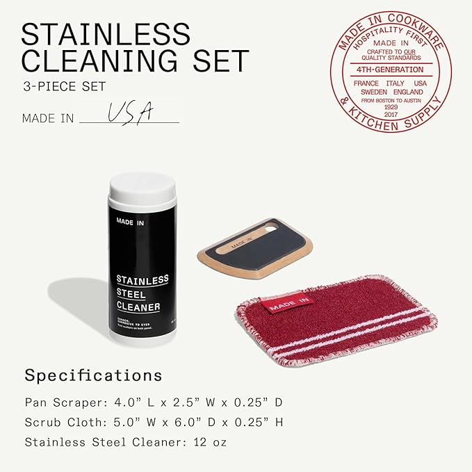Made In Cookware | 3-Piece Stainless Steel Cleaning Set | Includes Pan Scraper, Scrub Cloth & Stainless Steel Cleaner | Complete Cleaning System | Crafted in USA
