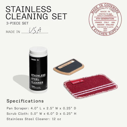 Made In Cookware | 3-Piece Stainless Steel Cleaning Set | Includes Pan Scraper, Scrub Cloth & Stainless Steel Cleaner | Complete Cleaning System | Crafted in USA