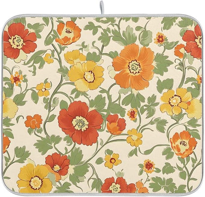 Retro Yellow Orange Flowers Dish Drying Mat for Kitchen Counter Absorbent Microfiber Drying Pad, Large 18x24 in, Reversible Drainer Mats