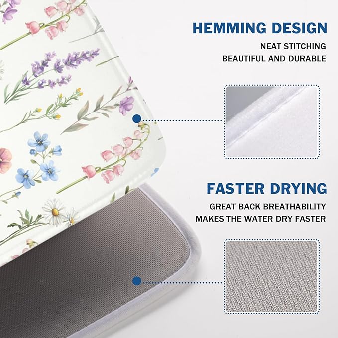 Spring Floral Dish Drying Mat for Kitchen Counter 18 x 24 Inch Colorful Flowers Dish Drainer Mat Absorbent Microfiber Dish Rack Pad for Summer Holiday Coffee Dining Bar Decor