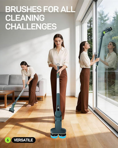 Electric Spin Scrubber, Cordless Power Scrubber with Dual Rotating Brush Heads, Adjustable Angle Handle 90°-180° 6 Replaceable Attachments, IPX7 Waterproof for Bathroom, Tile, Floor, Tub (C1 Plus)