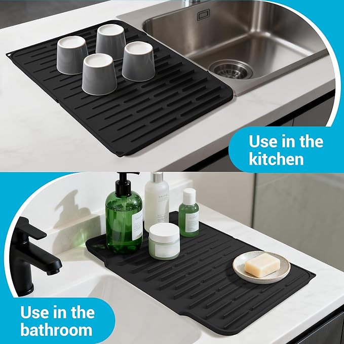 Silicone Dish Drying Mat for Kitchen Counter, Foldable & Heat Resistant Drying Pad with 5° Slope & Wide Drain, 15x12 Inch Non-slip Sink Mat for Bathroom and Countertop.(Black）