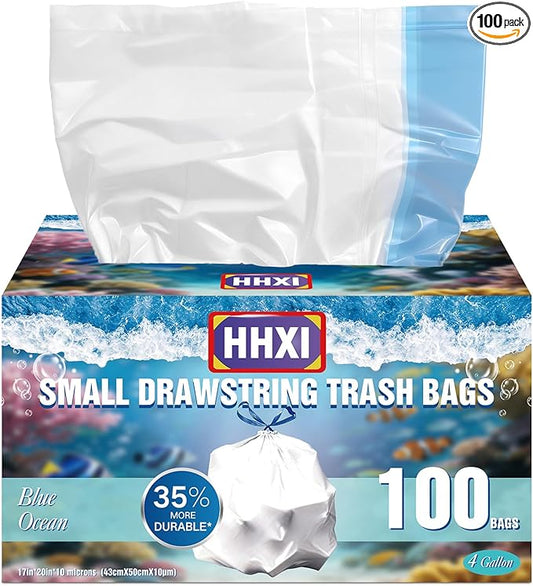 100Ct 4 Gallon Small Trash Bags, Blue Ocean Garbage Bags, Scented Trash Bags, Odor Resistant with Drawstring