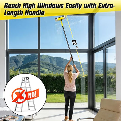 Window Squeegee with Extension Pole for Home, Professional Squeegee for Window Cleaning Tool Kit with Scrubber, 2 in 1 Rotatable Window Washing Kit for Car Glass Shower Indoor & Outdoor High Windows