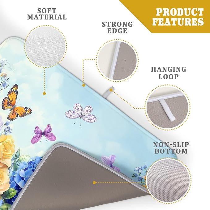Spring Blue Yellow Hydrangeas Flowers Dish Drying Mat for Kitchen Counter,Colorful Butterflies Flying Drying Mat 18 x 24 Inch with High Absorbent Microfiber Drainer Mat for Coffee Bar