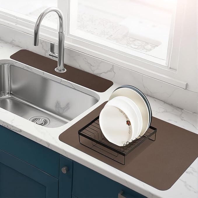 Bloss Dish Drying Mat + Faucet Mat for Kitchen Sink, Kitchen Sink Mats with Non-Slip Rubber Backed, Sink Matt for Kitchen Sink - 2PCS/Brown