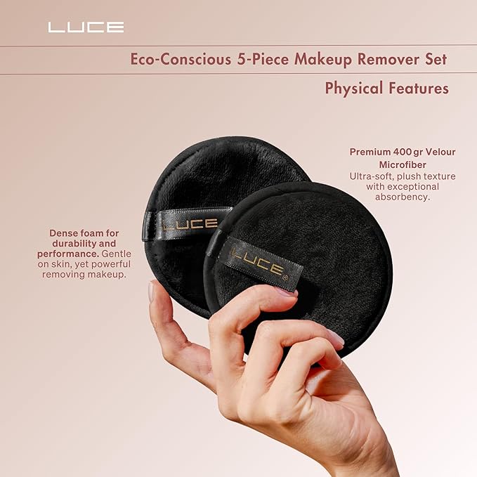 LUCE Makeup Remover Pads Reusable – First Velour Microfiber Makeup Remover Cloth, Eco-Friendly Washable Design, Ultra-Soft for All Skin Types