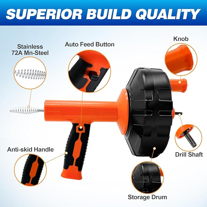 Drainsoon Auto Feed Drain Auger with Drill Adapter, 33 Feet Drain Snake Hair Clog Remover, Manual or Powered Plumbing Snake Drain Cleaner for Bathroom, Shower, Kitchen Sink, Comes with Gloves