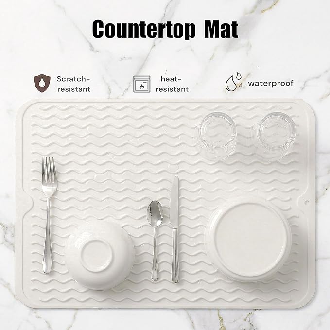 MicoYang Silicone Dish Drying Mat for Multiple Usage,Easy clean,Eco-friendly,Heat-resistant Silicone Mat for Kitchen Counter or Sink,Refrigerator or drawer liner White L 16 inches x 12 inches
