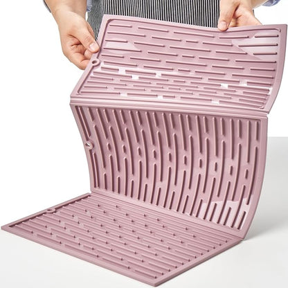 BTH 24" Extra Wide Foldable Dish Drying Mat for Kitchen Countertop, Made In Korea, Heat-resistant Premium Non-slip Silicone Mat, Large Dish Drainer Mat, Compact Folding Sink Liner Dishwasher Safe