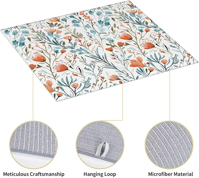 Teal and Orange Floral Dish Drying Mat for Kitchen Counter, Absorbent Microfiber Drying Pad for Dishes, Washable Foldable Burnt Orange Teal Kitchen Mat for Countertop Sink, Boho Home Decor, 16" x 18"