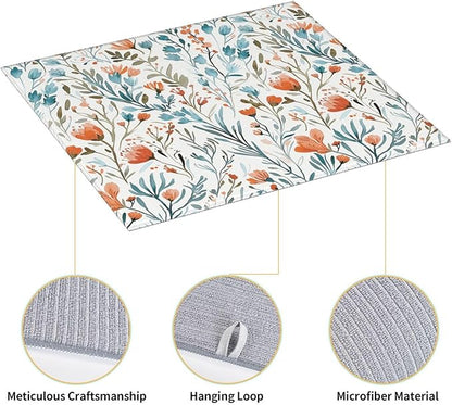 Teal and Orange Floral Dish Drying Mat for Kitchen Counter, Absorbent Microfiber Drying Pad for Dishes, Washable Foldable Burnt Orange Teal Kitchen Mat for Countertop Sink, Boho Home Decor, 16" x 18"