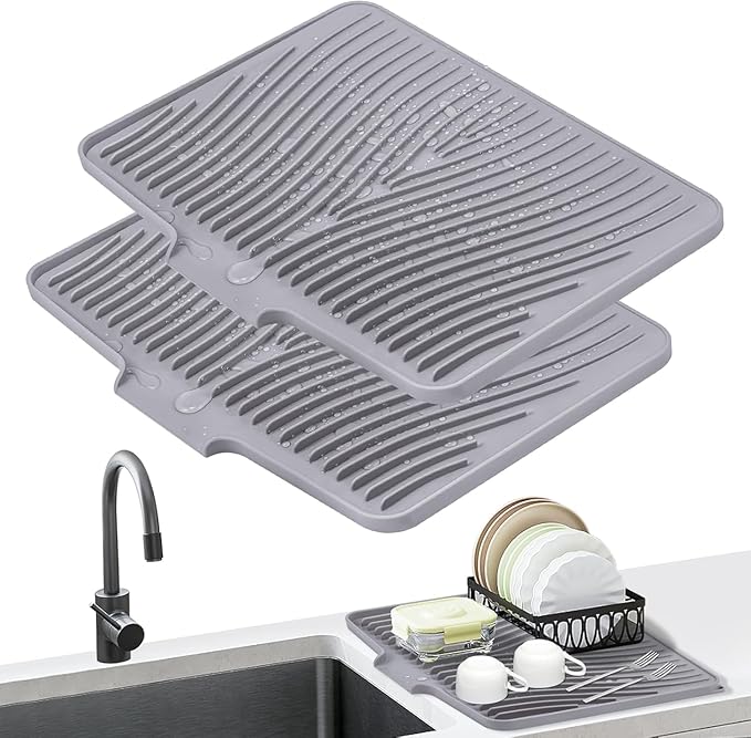 Silicone Dish Drying Mat for Kitchen Counter, Dish Drying Pad, Non-Slip Drain Pad with Built-in Drain, Heat Resistant Stone Drying Mat,Grey-2pcs