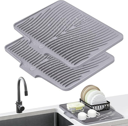 Silicone Dish Drying Mat for Kitchen Counter, Dish Drying Pad, Non-Slip Drain Pad with Built-in Drain, Heat Resistant Stone Drying Mat,Grey-2pcs