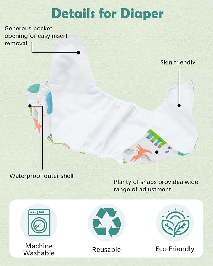 babygoal Dinosaur Cloth Diapers Pack of 13, Baby Reusable Washable Pocket Nappy, 6pcs Diapers+6pcs Rayon from Bamboo Inserts+Wet Bag