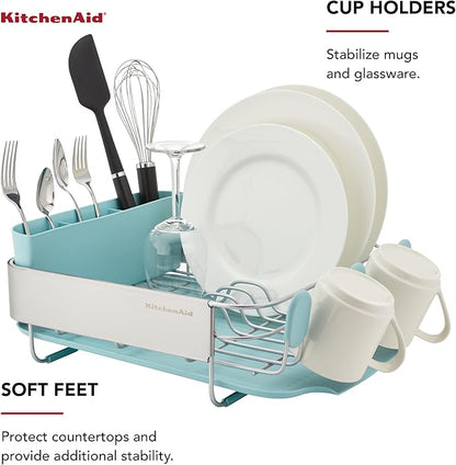 KitchenAid Compact Space Saving Rust Resistant Dish Rack with Removable Flatware Caddy and Angled Self Draining Drainboard, 12.63 x 15.87 x 5.54 Inch, Mineral Water