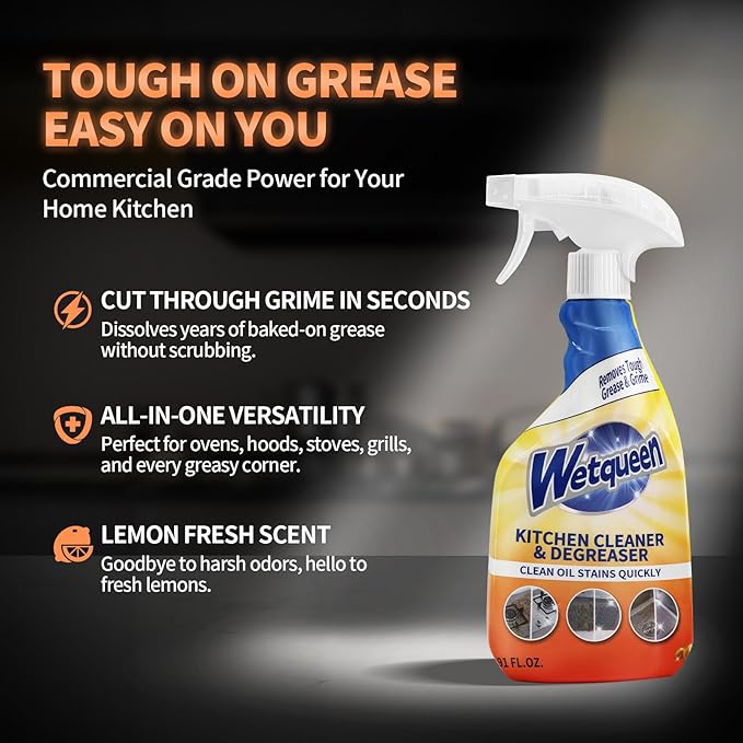 WETQUEEN All Purpose Cleaner Spray, Heavy Duty Kitchen Degreaser Foam & Stubborn Stain Remover for Kitchen, Household, Oven, Stove, Range Hood, Tiles, Dual-Spray Nozzle, Lemon Scent, 16.91 Fl Oz