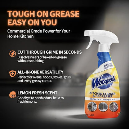 WETQUEEN All Purpose Cleaner Spray, Heavy Duty Kitchen Degreaser Foam & Stubborn Stain Remover for Kitchen, Household, Oven, Stove, Range Hood, Tiles, Dual-Spray Nozzle, Lemon Scent, 16.91 Fl Oz